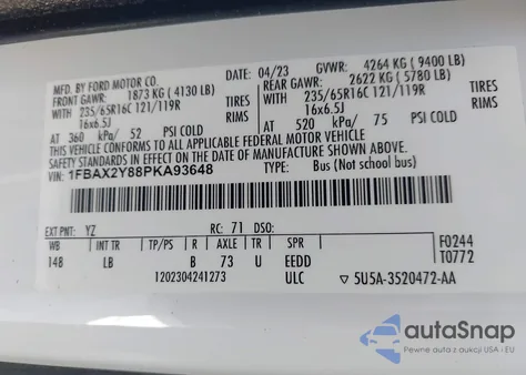 2023 Ford Transit-350 Passenger Van Xlt z USA, uszkodzony, nr VIN 1FBAX2Y88PKA93648